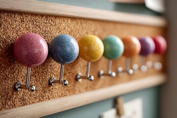 Colorful Spherical Wall Hooks in a Row, School Cloakroom Hangers on Cork Board.