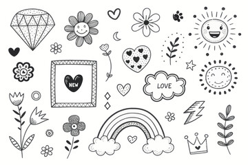 Obraz premium Hand Drawn Black and White Doodle Set with Flowers, Hearts, Rainbow, Sun, and More for Decorative Designs