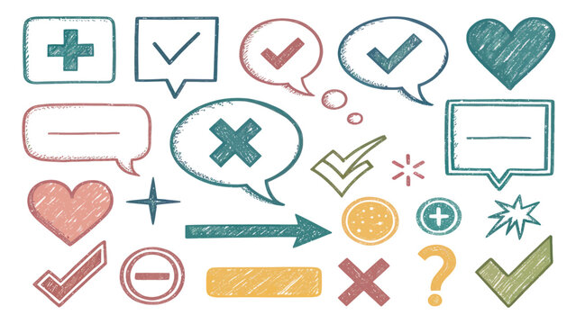 Playful Hand-Drawn Vector Icon Set Featuring Speech Bubbles, Check Marks, Hearts, Arrows, and Other Symbols with Artistic Appeal