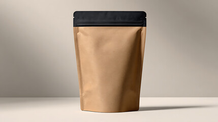 Kraft Paper Stand Up Pouch Mockup Beige Background Black Top Seal Empty Packaging Product Template