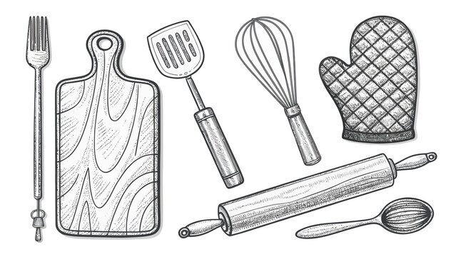 Elegant kitchenware sketch featuring fork, cutting board, spatula, whisk, oven mitt, rolling pin and spoon for cooking. - Powered by Adobe