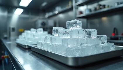 Commercial ice maker machine in sterile industrial kitchen. Trays filled with clear square ice cubes stacked neatly. Metal surfaces reflect overhead lighting, clean, professional food service