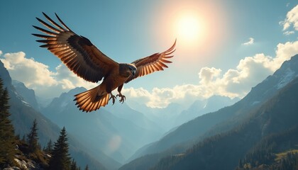 Obraz premium Majestic hawk soars through sunlit sky over vast mountainous landscape. Bird of prey with wings spread glides high above rocky peaks and forested valleys. Symbolizes freedom, power, and wild nature.