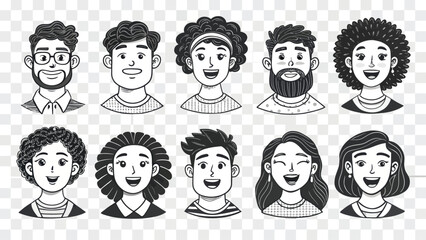 Diverse Group of Illustrated Faces: A Cheerful Collection of Unique Characters Smiling on Transparent Background