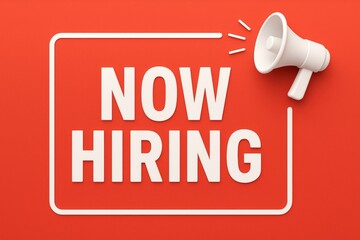 Megaphone blasting recruitment message against bold red backdrop, highlighting employment opportunities in dynamic job market
