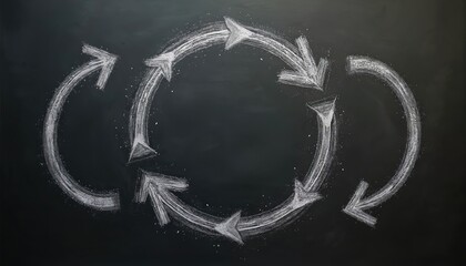 Chalkboard diagram illustrating cyclic time management with arrows, signifying continuous improvement, iterative processes. Visual represents workflow, system cycles, strategic planning on dark