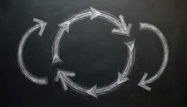 Chalkboard diagram illustrating cyclic time management with arrows, signifying continuous improvement, iterative processes. Visual represents workflow, system cycles, strategic planning on dark