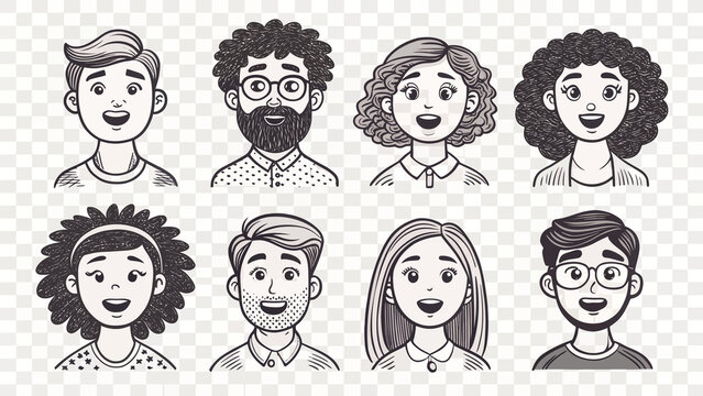 Diverse group of cartoon people line drawing vector graphic, expressing various ethnicities and personalities in a simple and clean style.