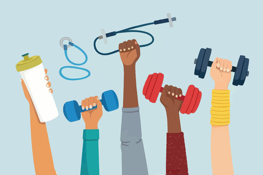 Diverse hands holding fitness equipment like dumbbells and resistance bands in a dynamic and inclusive workout illustration.