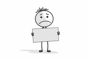 Depressed Stick Figure Holding Blank Sign, Displaying a Sad Emotion on an Isolated White Background, Perfect for Advertising.