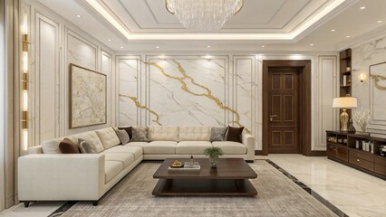An elegant and modern living room features a plush off-white sofa and matching chaise lounge, centered around a dark coffee table, all set against a stunning white and gold marble accent wall with sop