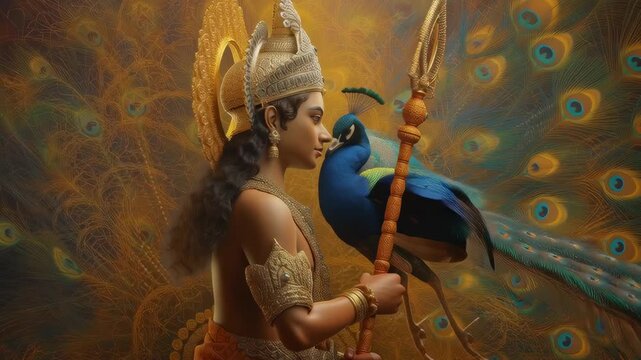 Divine image of Murugan holding Vel spear, adorned in ornate jewelry and crown holding a trident, standing beside a peacock with a radiant golden background of peacock feathers.