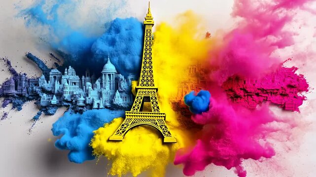 Colorful artistic depiction of the Eiffel Tower with abstract cityscape