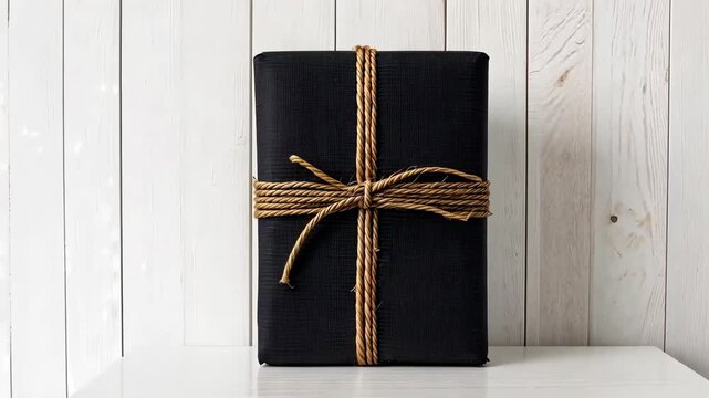 wrapped black gift box with twine on wooden background