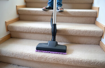 Close-up of vacuum cleaner head with purple brush actively cleaning beige carpeted stairs. Person stands in background wearing jeans, shoes. Focus on home maintenance, cleaning supplies for household