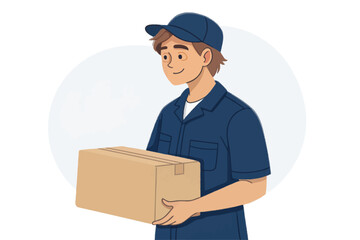 Cartoon Delivery Man in Uniform Delivering a Cardboard Package with Friendly Expression in Modern Digital Art