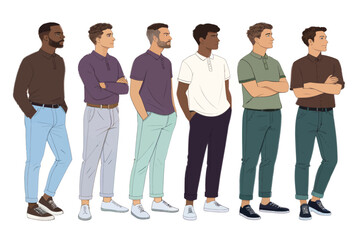 Obraz premium Diverse Group of Stylish Men in Polo Shirts and Casual Trousers Standing in a Row on White Background