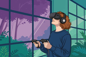 Woman immersed in virtual reality using headset and controllers, surrounded by vibrant flora and fantastic scenery art.