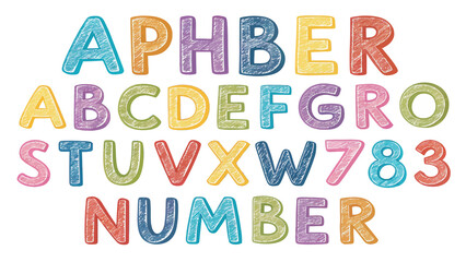 Playful Hand Drawn Alphabet with Numbers in Bright Pastel Colors for Children's Education and Learning Fun