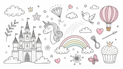 Whimsical Fantasy Doodles Featuring a Majestic Castle, Dreamy Unicorn, Colorful Rainbow, Sweet Cupcake, and Floating Hot Air Balloon