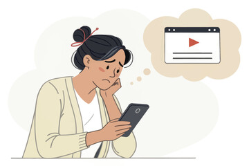 Frustrated Woman with Phone Watching Video Content, Illustrating Digital Fatigue and Dependence on Entertainment Media