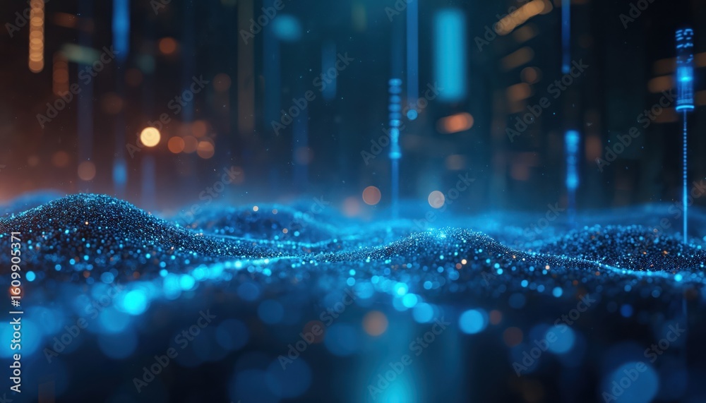 Poster futuristic abstract background with glowing blue digital particles forming undulating waves. neon li