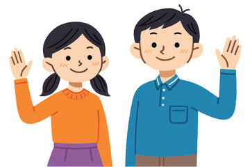 Cheerful Cartoon Illustration of a Brother and Sister Waving Hello with Playful Simplicity and a Warm Welcoming Gesture