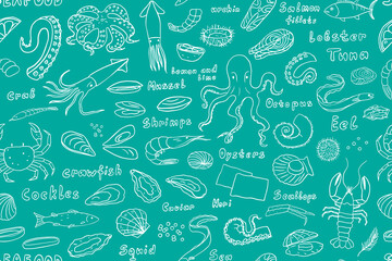 Seamless pattern of seafood theme. Crab, tuna, octopus, eel, lobster, caviar, mussel, sea urchin, nori, squid, salmon, crawfish, fish, shrimps, scallop, oysters, prawn, cockles, laminaria. Hand drawn