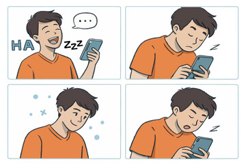 Fototapeta premium Illustrated sequence showing a young man's phone use evolving from amusement to drowsiness before finally falling asleep.