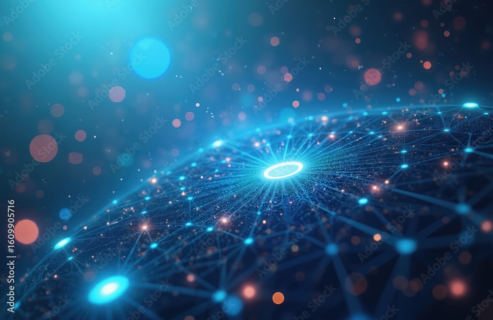 Poster abstract digital network illustration. futuristic glowing lines connect points forming global mesh. 