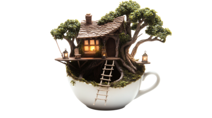 A miniature treehouse built inside a teacup, complete with rope ladder and tiny lanterns, isolated on transparent background 