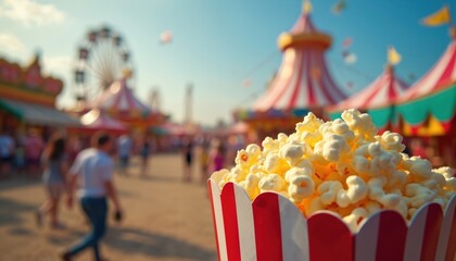 Close-up of fluffy popcorn in red, white striped bucket. Background shows vibrant amusement park with Ferris wheel, circus tents, blurred crowd, clear blue sky. Perfect for summer fun, festive