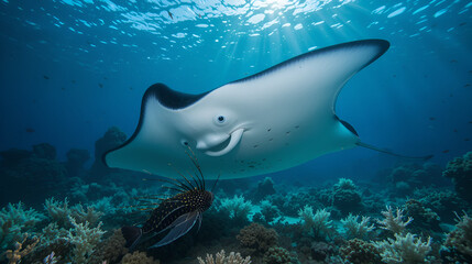 Obraz premium Huge Manta Ray with Clingfish over the bottom of the Indian ocean