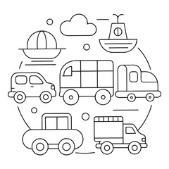 Transportation Vehicles Coloring Pages – Cars, Trucks, Bikes, Outline, Line Art, Printable, Travel, Transport


