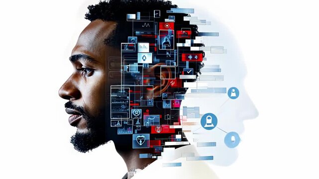 Digital mindscape of a black man with technology and data visualizations