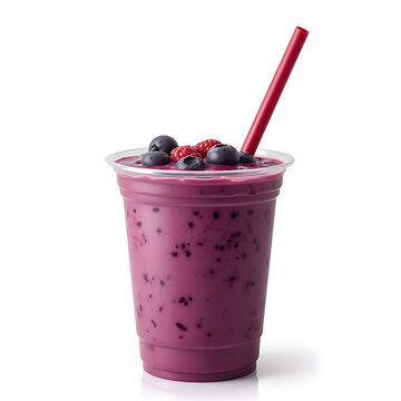 Acai bowl drink in takeaway cup with berries and red straw  