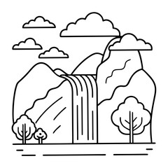 Fototapeta premium Waterfall Landscape Coloring Pages – Nature, Scenic, Outdoor, Outline, Line Art, Printable, Tranquil