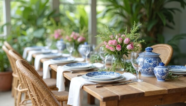 Elegant table setting with rustic wicker chairs, white plates, blue patterned pottery. Greenery, pink roses create warm, inviting atmosphere for dining. Natural wood table complements chic, relaxed