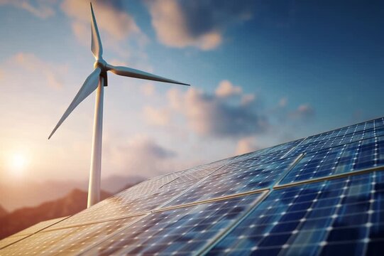 Erneuerbare Energien mit Windturbine und Photovoltaik Panel Graphik AI Illustration