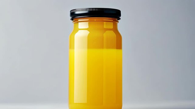 Glass jar filled with bright orange liquid on a neutral background