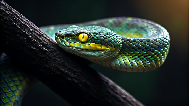 Vibrant green python with striking yellow eyes coils on a textured branch, showcasing intricate scales and a wild essence. - Powered by Adobe