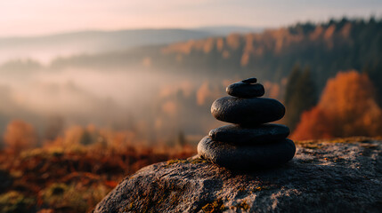 Serene Stacked Dark Grey Stones on Mossy Rock Autumnal Landscape Misty Background Golden Hour Light