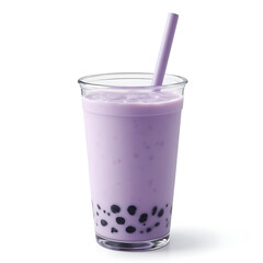 Purple taro milk tea with tapioca pearls in clear cup with straw  