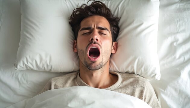 Young man snores loudly with mouth wide open in bed. Illustration shows sleep disorder, fatigue, poor sleep quality. Focus on health issues, sleep apnea diagnosis and treatment options.