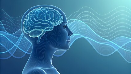 Obraz premium Brain activity during meditation — slow synchronized waves moving across cortex, reduced amygdala activity, calm highlighted in soft blues