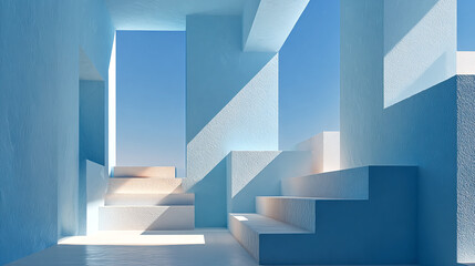 Obraz premium Geometric architecture casts shadows on stairs, evokes tranquility, perfect for design, marketing, web use.
