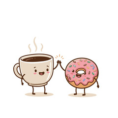 Animated coffee cup and donut doing a high five on a white background
