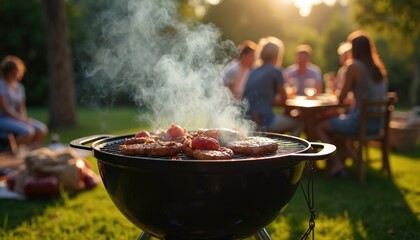 Outdoor BBQ party with people chatting around table, grill smoking in background. Features sizzling burgers, sausages, vegetables cooking over charcoal. Sunshine, plants, vibrant atmosphere enhance