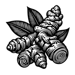 Black and White Illustration of Ginger Root and Leaves.