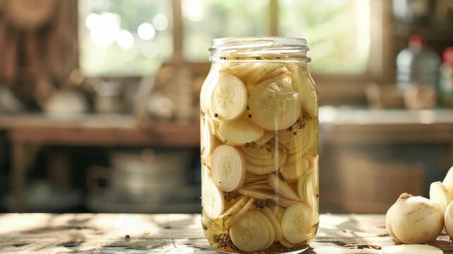 Sliced turnips pickled in jar, placed on rustic kitchen table